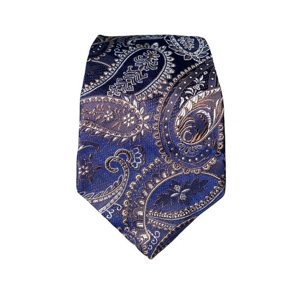 Express Design Studio Paisley Print Blue and Brown 100% Italian Silk Tie - Picture 9 of 12